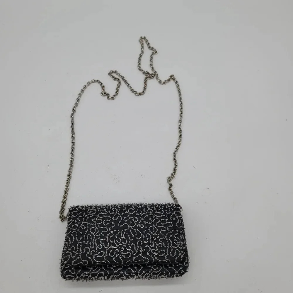 Franchi Vintage Black Satin Beaded Jeweled Envelope Chain Strap Mini
